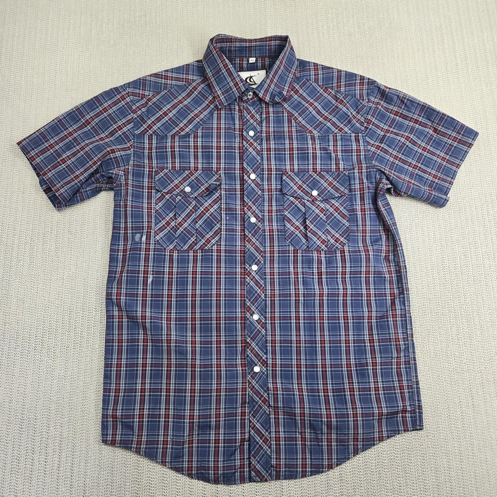 Coevals Club Shirt Mens Medium Blue Red Plaid Western Pearl Snap Short Sleeve